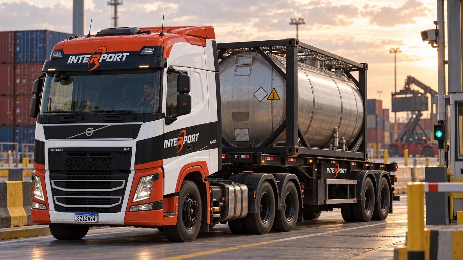Ilustração: carreta com isotank em terminal portuário