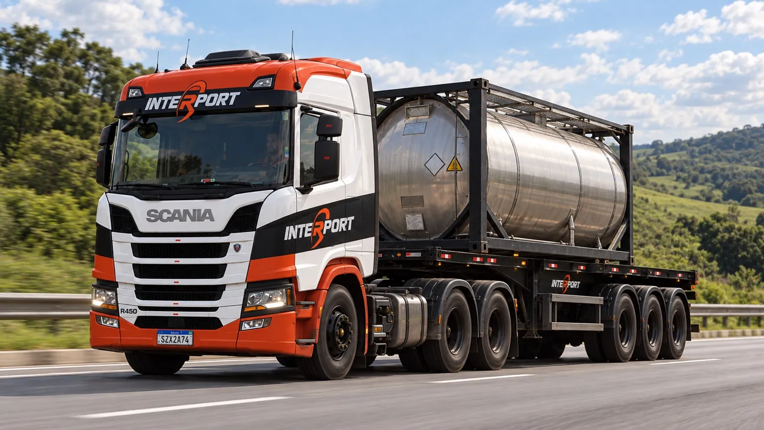 Ilustração: carreta porta-contêiner com isotank em rodovia