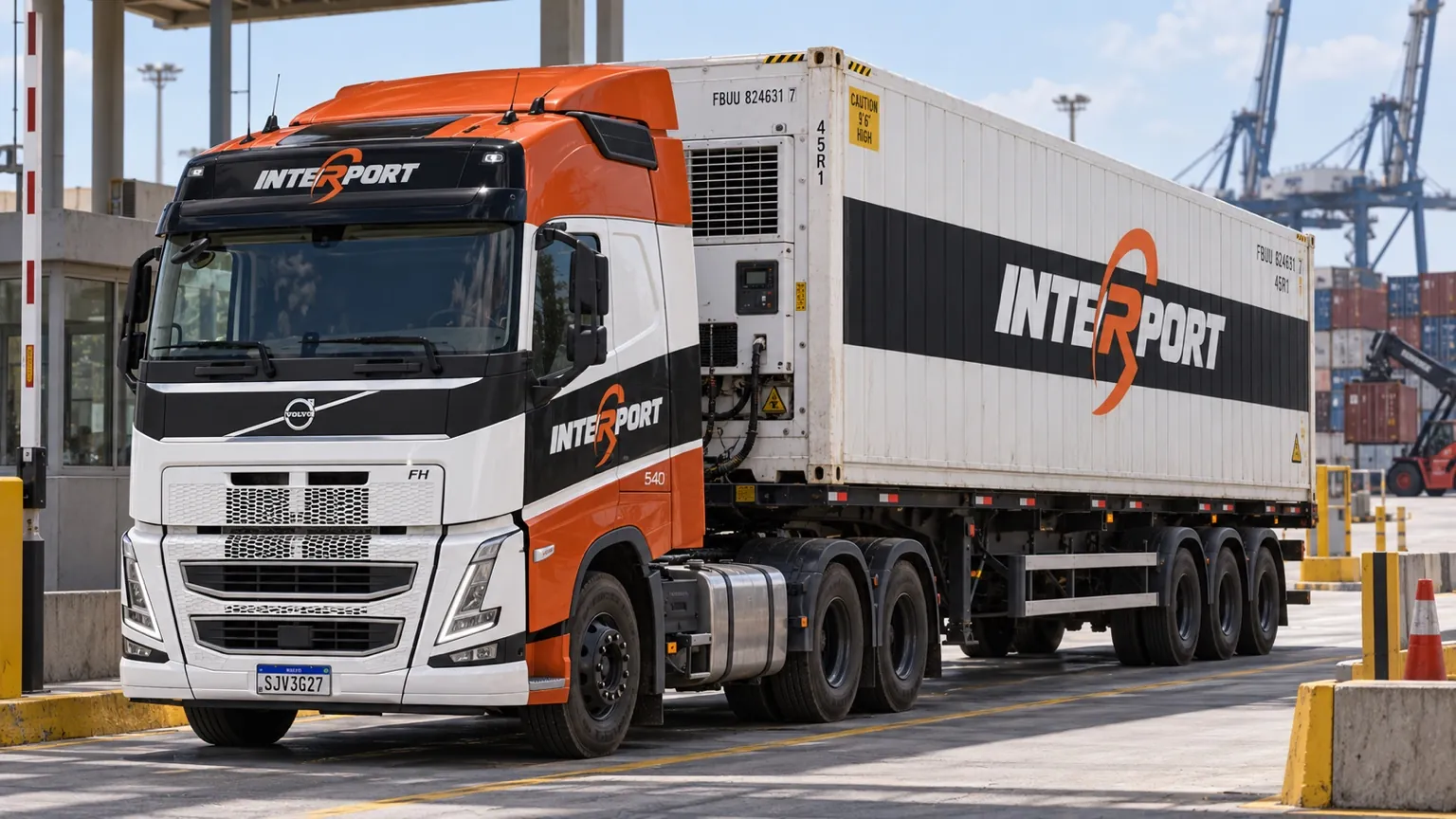 Ilustração: carreta porta-contêiner com reefer em terminal