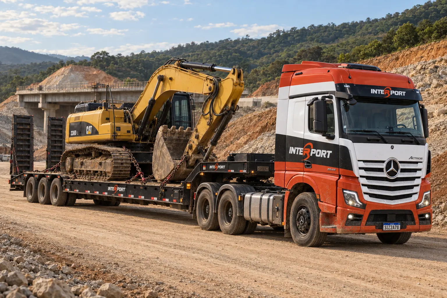 Carreta prancha transportando máquina pesada em operação rodoviária